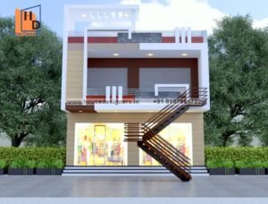Modern double Floor commercial elevation design with external staircase