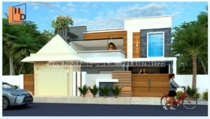 2 floor modern style front elevation with wooden tiles work