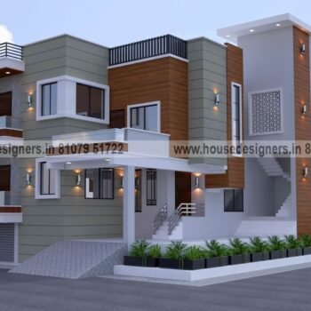 latest image of Duplex modern house front design with wooden tiles, ms pipe