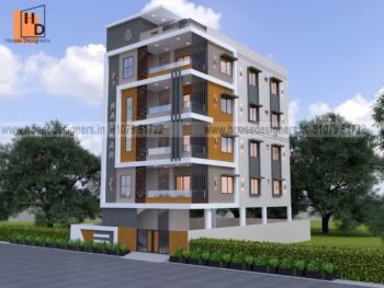 Apartment image for Multi story front elevation design with wooden tiles and cnc design