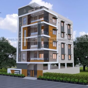 Apartment image for Multi story front elevation design with wooden tiles and cnc design