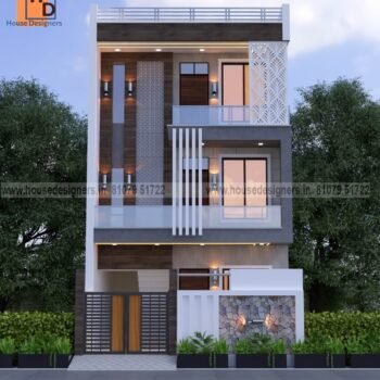 Exterior image Triple floor house front design with cnc and ms pipe design