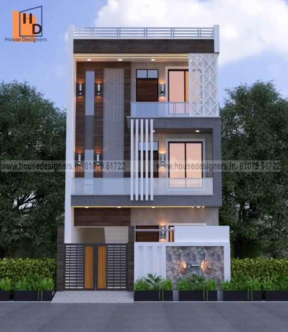 Exterior image Triple floor house front design with cnc and ms pipe design