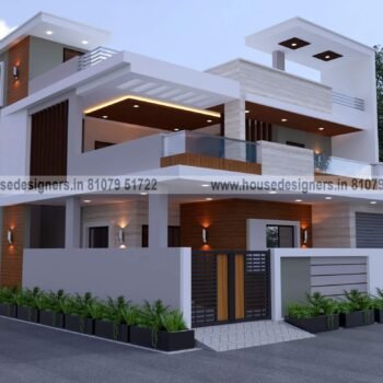 simple image of Two floor house front elevation with wooden tiles, pergola