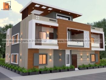 exterior image of building elevation design with wooden tiles and cnc