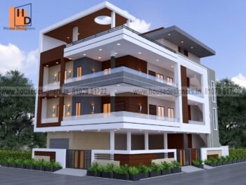 Image elevation front house g+2 with wooden tiles, modern pergola design