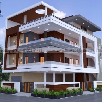 Image elevation front house g+2 with wooden tiles, modern pergola design