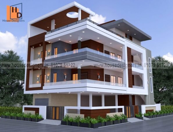 Image elevation front house g+2 with wooden tiles, modern pergola design