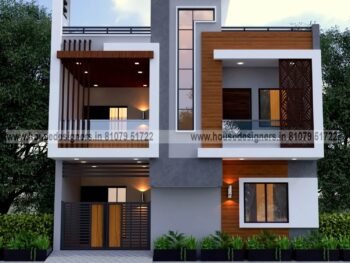 simple image of exterior 2 floor house design with wooden tiles, modern pergola, ms pipes