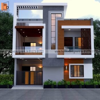 simple image of exterior 2 floor house design with wooden tiles, modern pergola, ms pipes