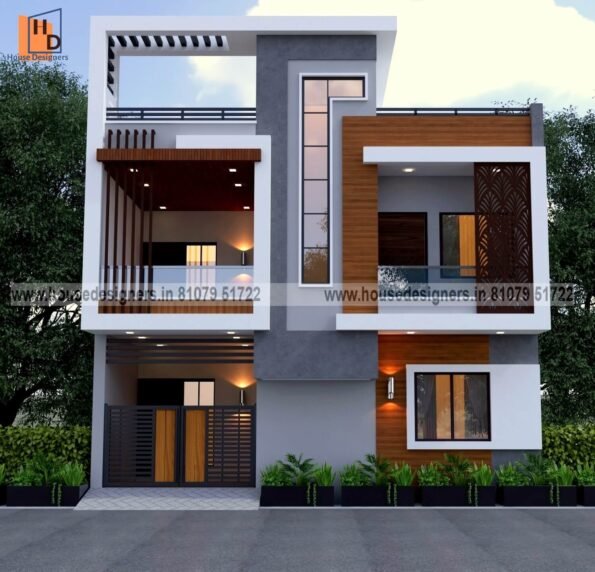 simple image of exterior 2 floor house design with wooden tiles, modern pergola, ms pipes