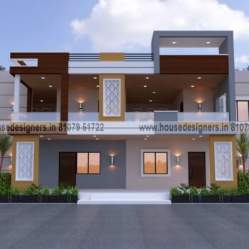 modern image of front elevation design 2 story with yellow and gray color