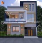 best image of front elevation design double floor with wooden tiles, cnc design