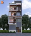 Simple image front side design of commercial cum residential with cnc and wooden tiles