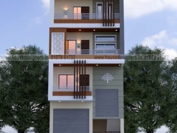 Simple image front side design of commercial cum residential with cnc and wooden tiles