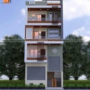 Simple image front side design of commercial cum residential with cnc and wooden tiles