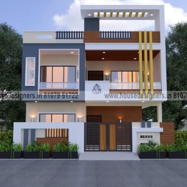 Modern duplex house design with wooden texture panel