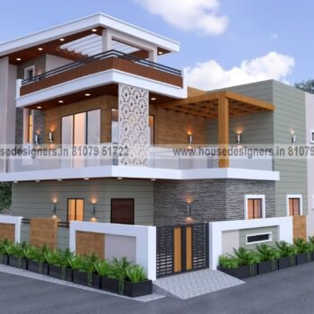 modern image of home front double story elevation with pergola design cnc