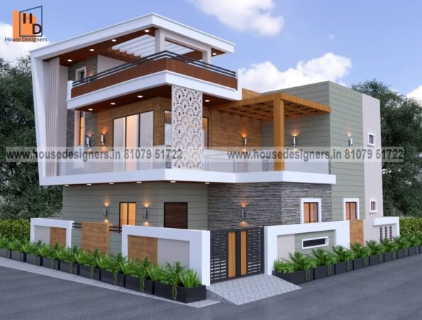 modern image of home front double story elevation with pergola design cnc