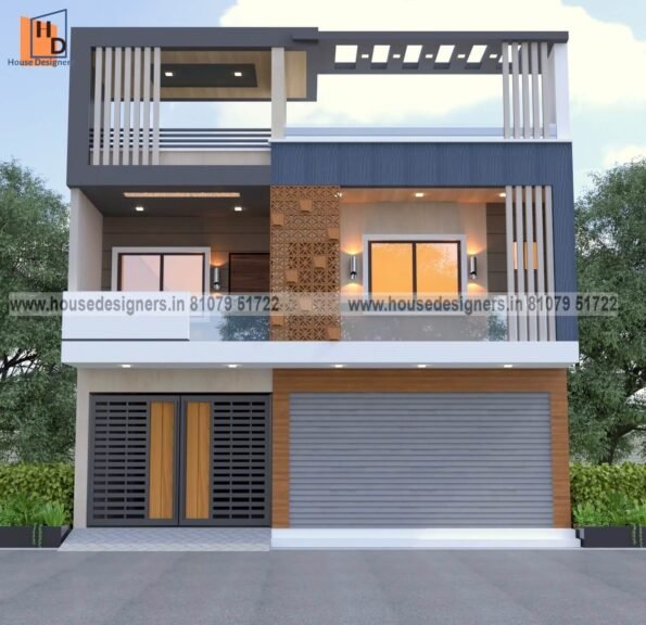 latest image of home front elevation g+1 design with unqiue pergola and cnc design