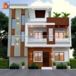 exterior image house elevation design g+1 with modern stair section, wooden tiles