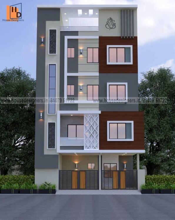 exterior image for house elevation four story with gray and creme color