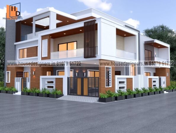 exterior image of house front elevation design with ms pipe, wooden tiles