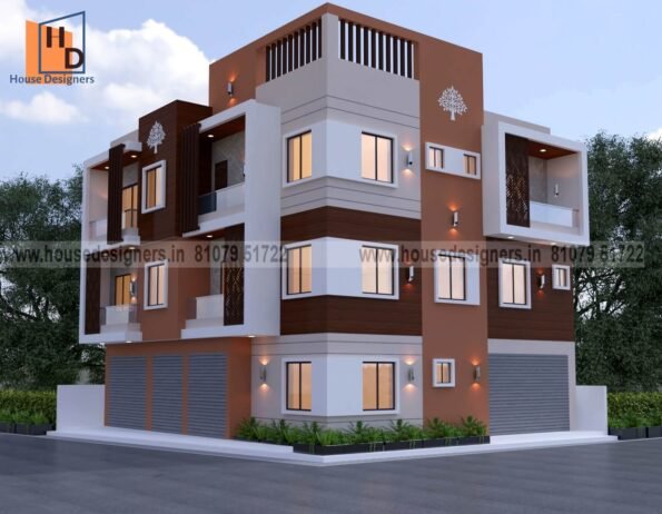 Exterior image house front elevation g+2 design with shop