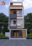 exterior image for modern 3 floor house design with wooden tiles, stone clading