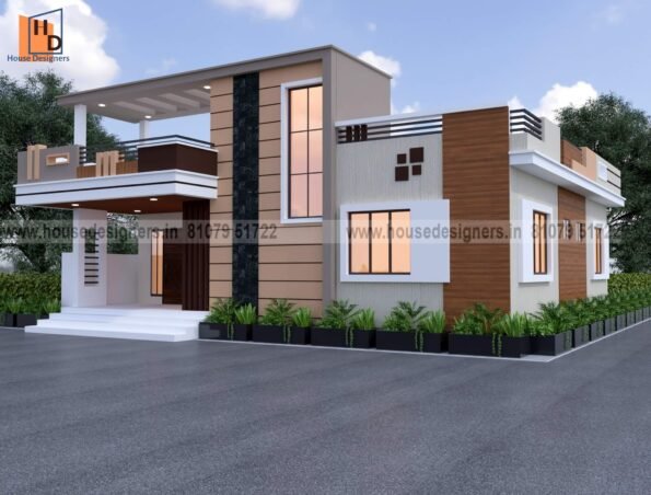 Image for modern single floor house design with peach color and simple pergola