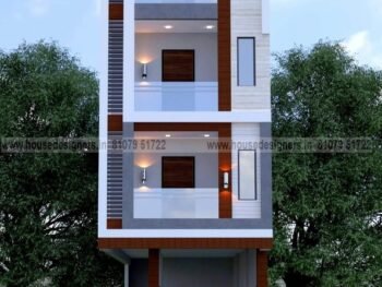 exterior image for small house front four floor design with gray and white color