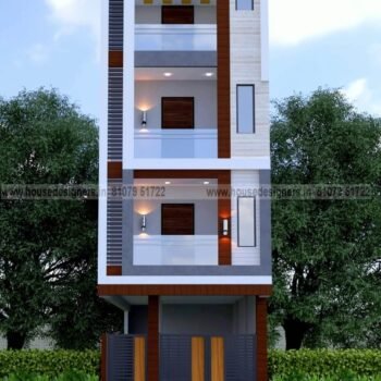 exterior image for small house front four floor design with gray and white color