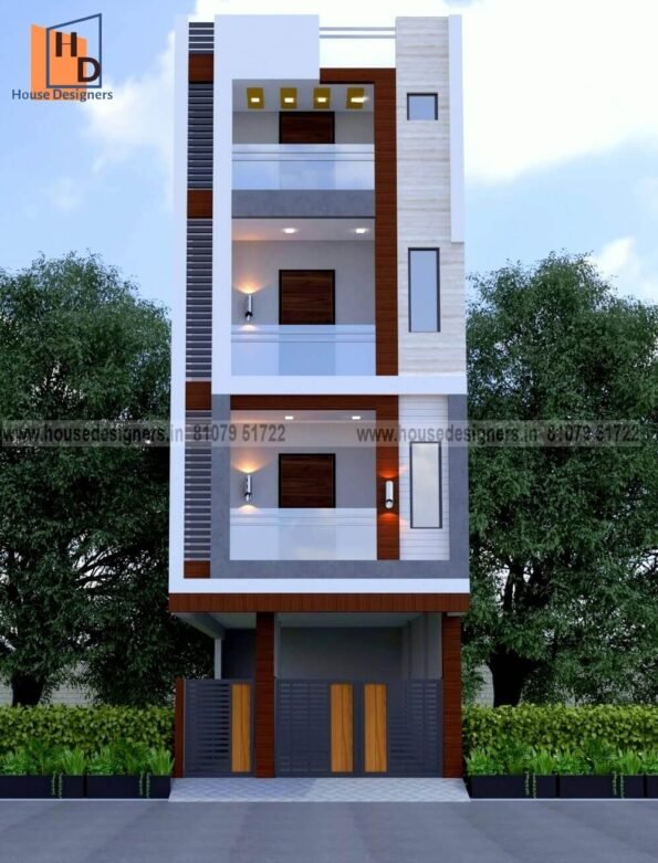 exterior image for small house front four floor design with gray and white color