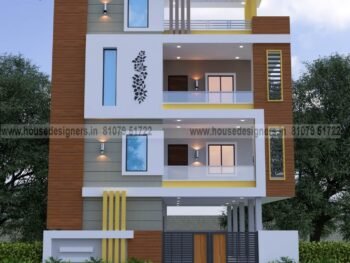 Simple image for triple floor house front elevation with yellow and gray color