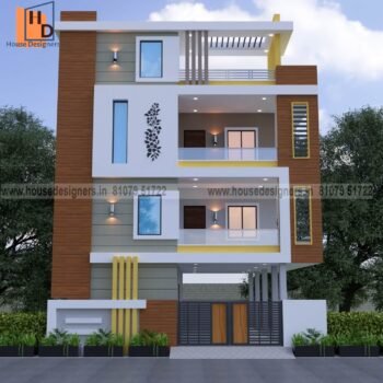 Simple image for triple floor house front elevation with yellow and gray color