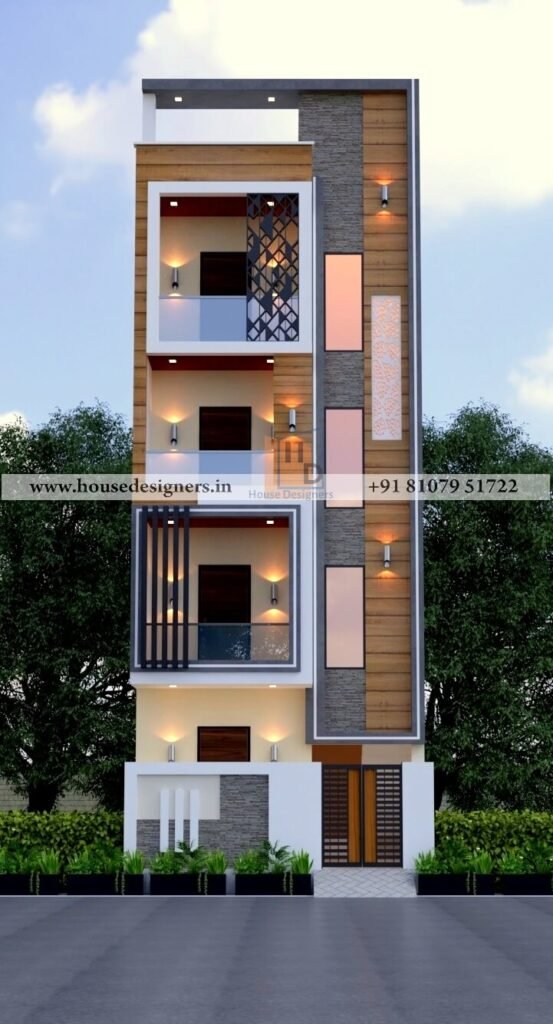 image of Exterior facade design 4 floor white, grey, creme color theme