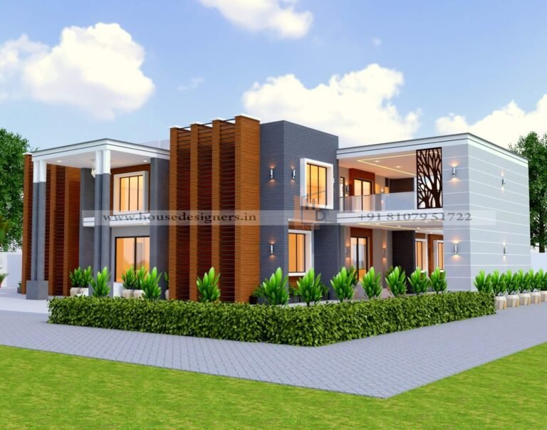 image of bungalow elevation design white, grey color theme wooden tiles Facade