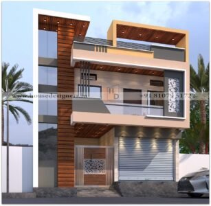 Front section house with shop 3d elevation Design for indian urban areas