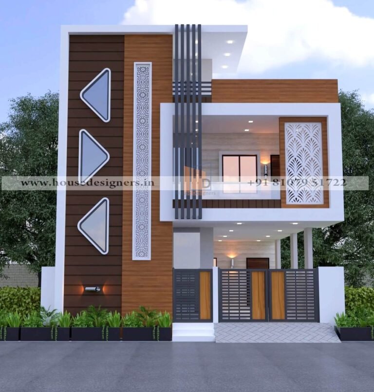 image of Facade design indian style brown, white paint color theme