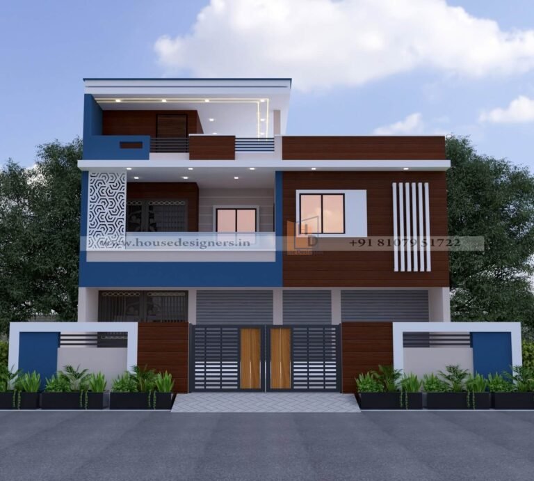 image of commercial cum residential facade design white, blue color theme building