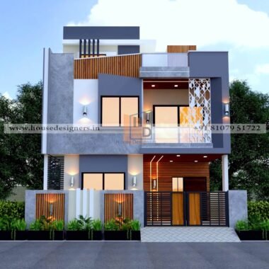 Exterior duplex house grey color with wooden tiles theme