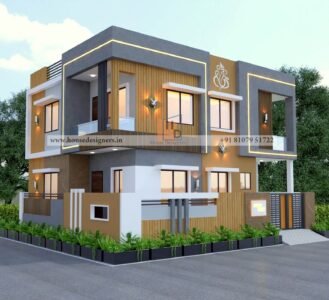 Modern front elevation with wooden tiles and grey color theme