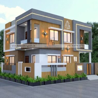 Modern front elevation with wooden tiles and grey color theme