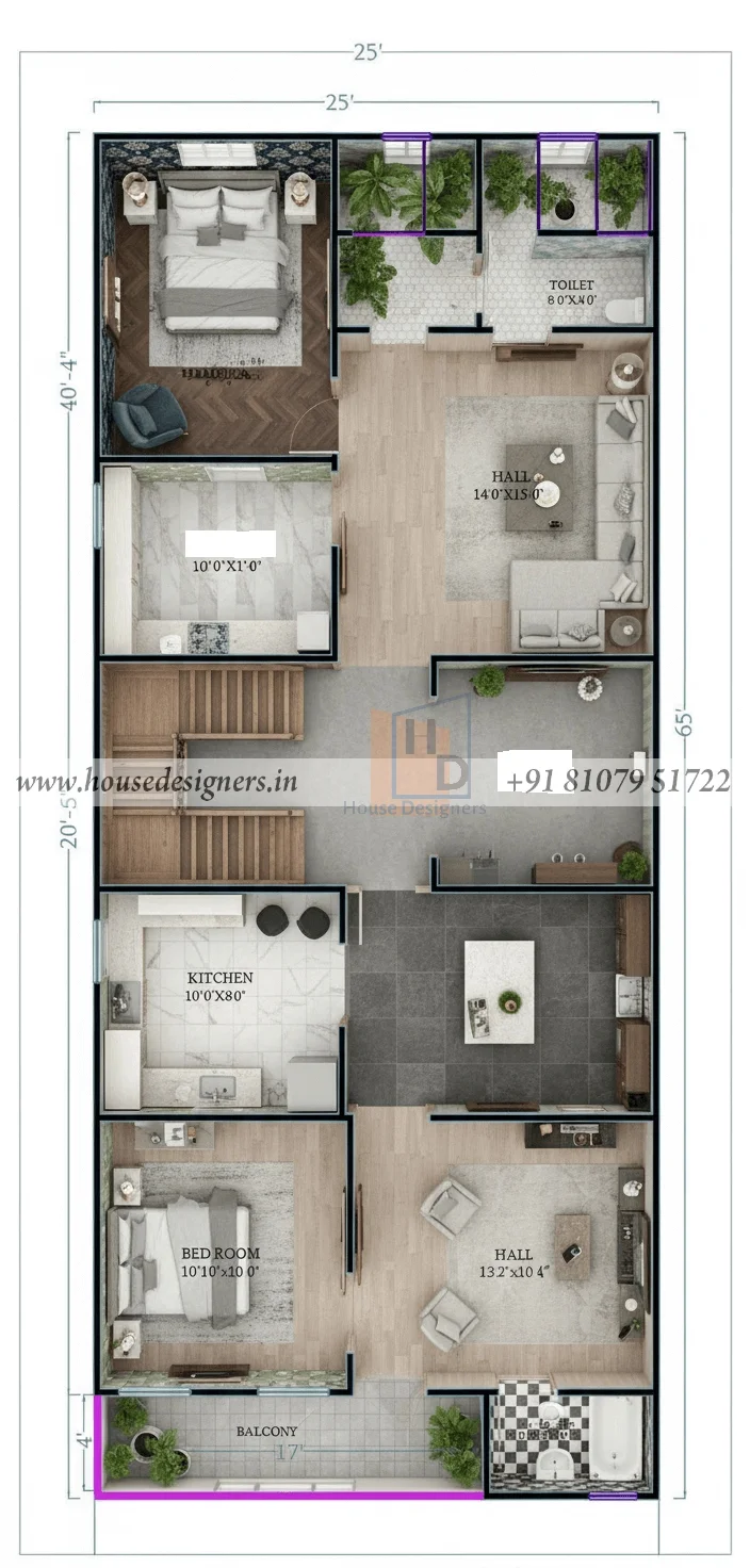 25×65 Ft Small Flat Floor Plan D
