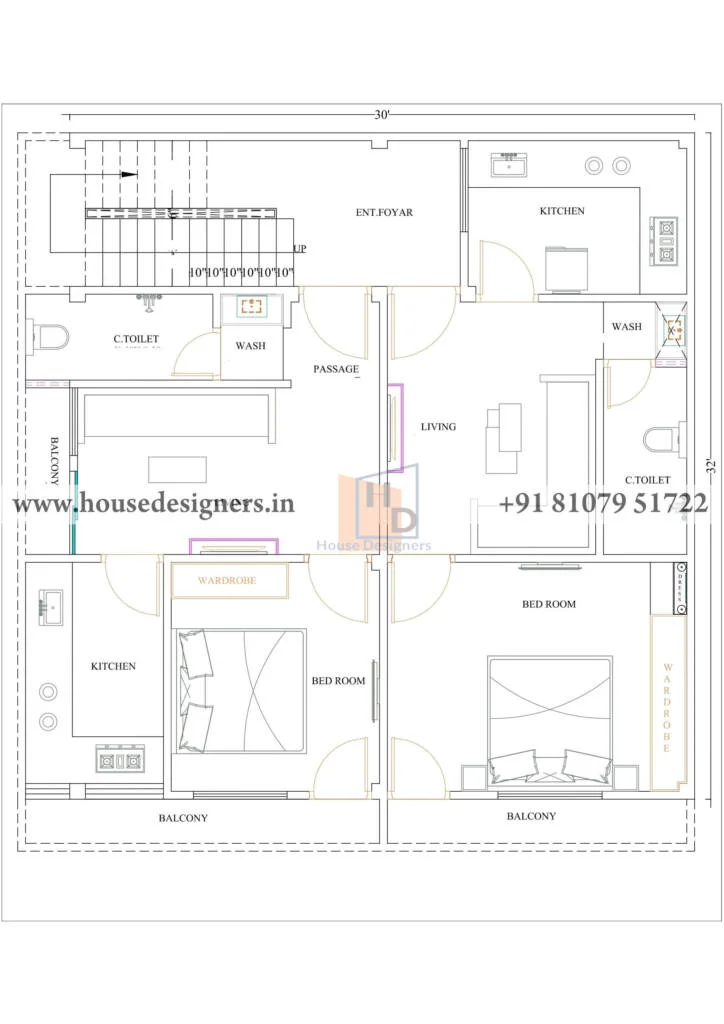 30×32 Ft House Plan Drawing Online