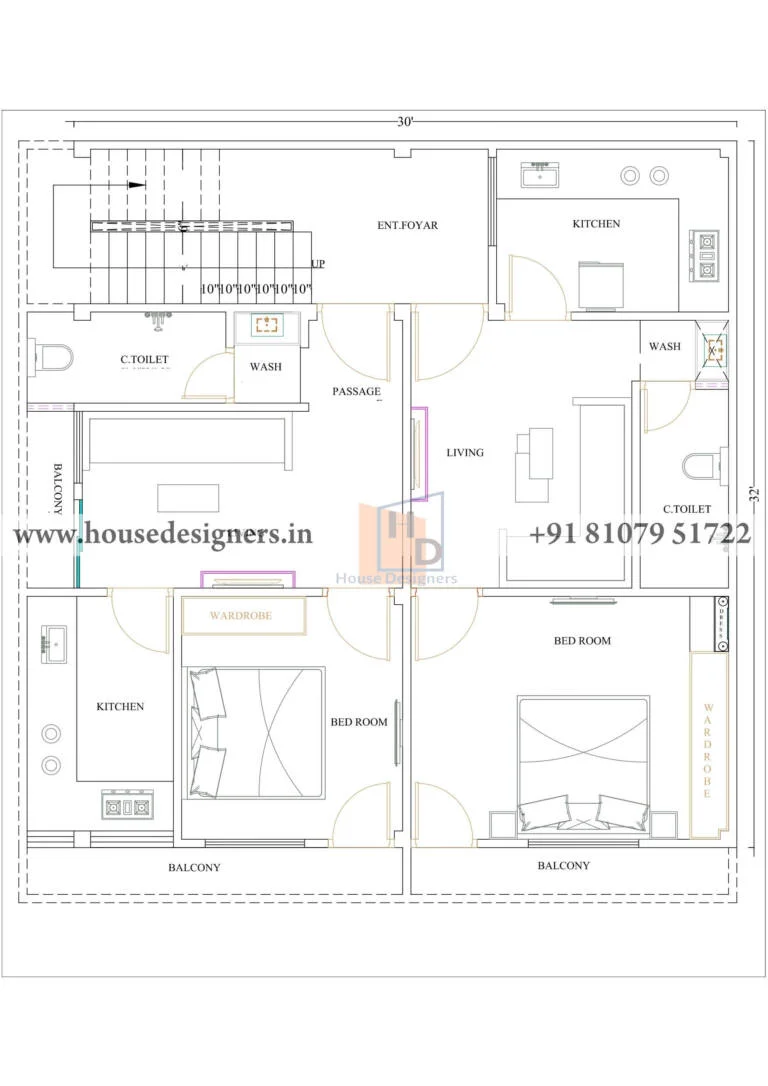 30×32 Ft House Plan Drawing Online