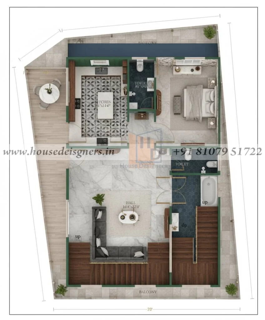 30×45 Ft 1 Bedroom Plan Design