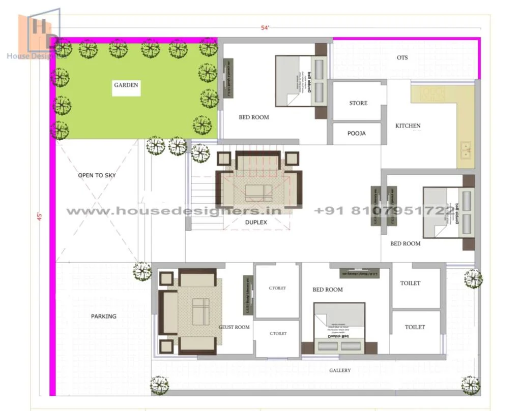 54×45 Ft House Plan